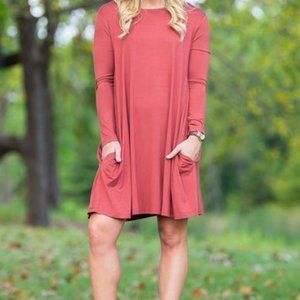 Piko Long Sleeve A Line Loose Fit Swing Dress Rust Sz M